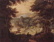 unknow artist a wooded landscape with a hunting party at the edge of a lake,a castle beyond Sweden oil painting art
